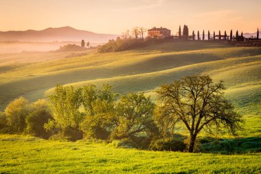 Güneşli sabah Toskana yanında Pienza Köyü, Toskana, İtalya