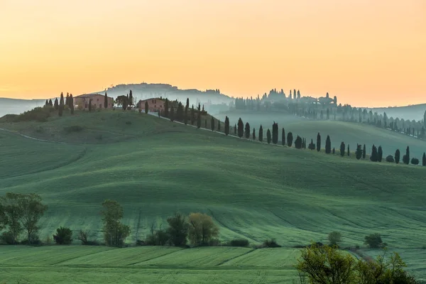 Zonsopgang Boven Prachtig Landschap Vlakbij Siena Toscane Italië Stockafbeelding