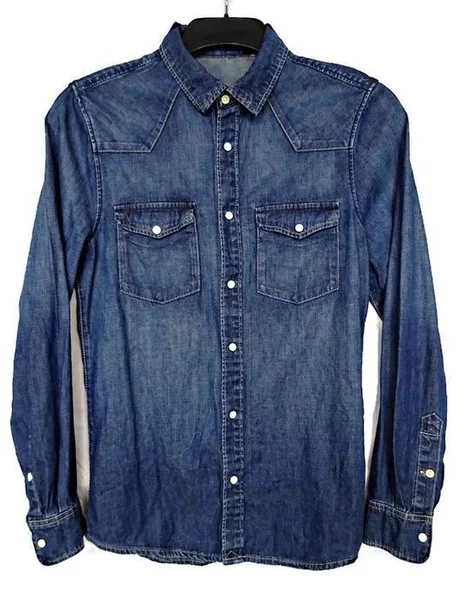 Blauwe Kleur Geïsoleerd Denim Jean Shirt Fashion Kleding Witte Achtergrond — Stockfoto