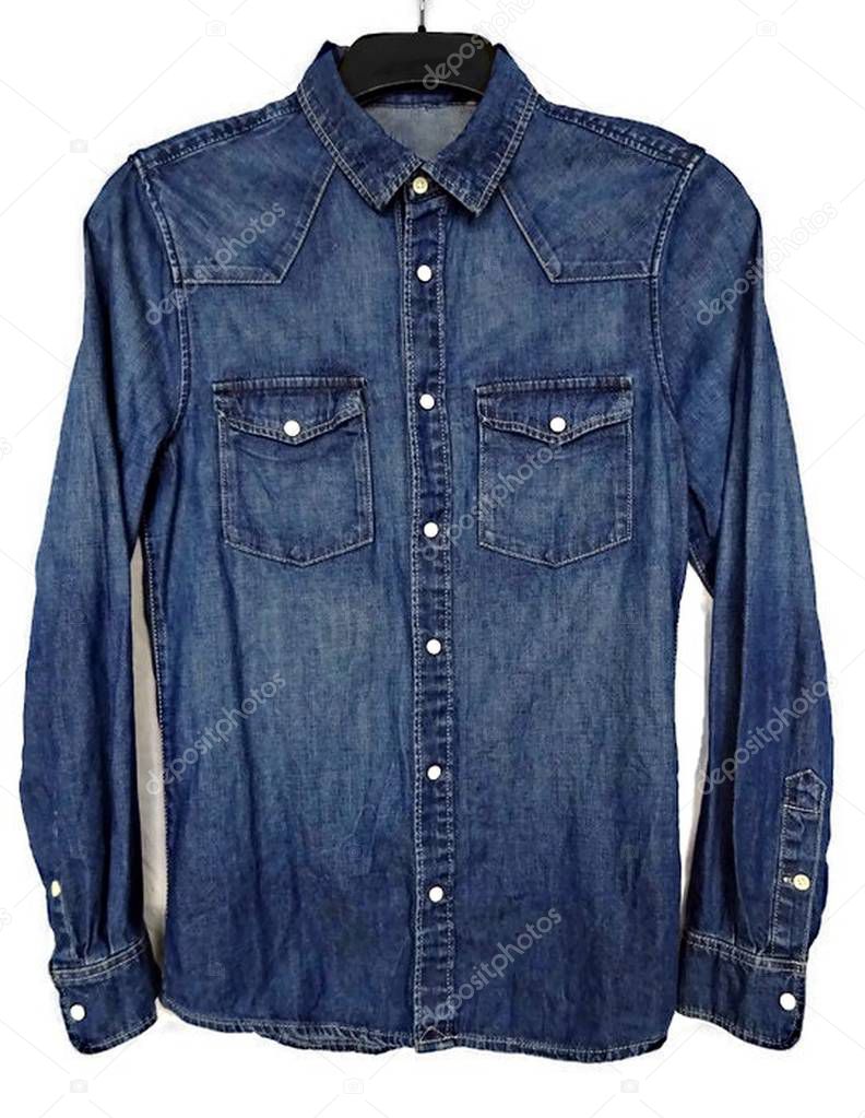 Blue color isolated denim jean shirt fashion clothing on the white background