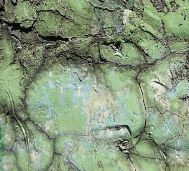 Eski yaşlı yıpranmış hasar çatlaklar boya çatırtı arka plan ile yeşil renk beton duvar yüzeyi hasarlı 