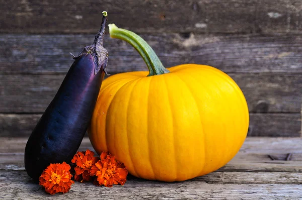 Zucca gialla, melanzana e fiore d'arancio su fondo di legno. Autunno. Festa del raccolto . — Foto Stock