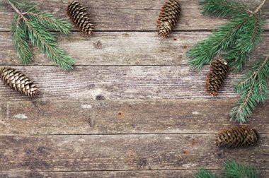 Yeşil köknar ve çam dalları koniler ahşap bir gri doku ile. Noel ve yeni yıl arka plan. Metin için yer. tatil
