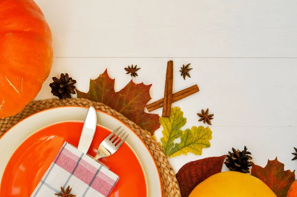 Beautiful Dining Table Setting Thanksgiving Theme Beautiful Fall Card White — Stock Photo, Image