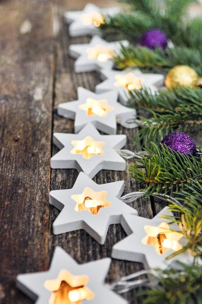 Kerst Rand Gezellige Warme Verlichting Garland Sterren Spar Takken Versierd — Stockfoto