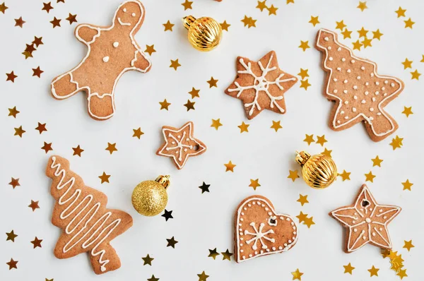 Holiday Shiny Background Traditional Homemade Gingerbread Cookies Sugar Frosting Shaped — Stock Photo, Image