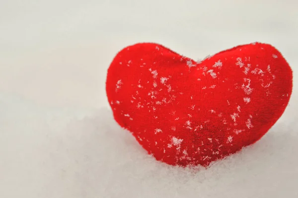 Valentines day and Love composition with red plush heart on snow. Healthy lifestyle concept. — Stock Photo, Image