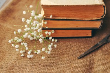 Vintage bahar arka plan beyaz çiçekler, sararmış eski kitaplar ve çuval bezi için makaslar ile. portre.