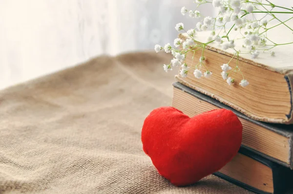 Vintage rustikale Liebeskarte für Valentinstag-weiße Blumen, vergilbte alte Bücher und rotes Plüschherz auf Klette. Nahaufnahme. getönt. Shabby Chic — Stockfoto