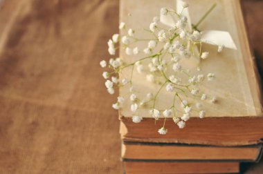 Vintage bahar arka plan beyaz çiçeklerle, çuval bezi bir sararmış eski kitaplar. portre. tonda