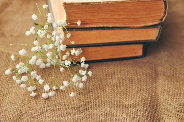 Fondo Primavera Vintage Con Flores Blancas Libros Antiguos Amarillentos Arpillera — Foto de Stock