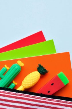Bir kaktüs, karpuz, bir kalem durumda ananas ve mavi arka planda renkli notebooklar şeklinde parlak Kırtasiye Kalemler. Okula dönüyoruz. Üst görünüm.