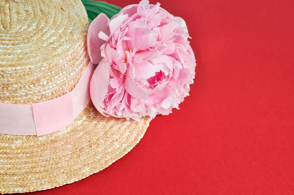 Bellissimo fiore di peonia rosa accanto al cappello di paglia su sfondo rosso . — Foto Stock