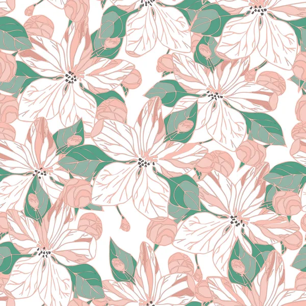 Seamless pattern with apple blossom and buds. Flowers pink. Green leaves. Wallpaper, fabric or design of gift paper. Vector illustration