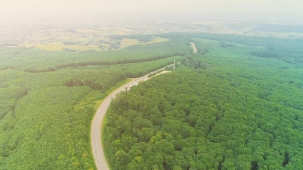 Zelené vysočiny pokryté hustým lesem a klikatící se pozemní anténou. 4k. — Stock video