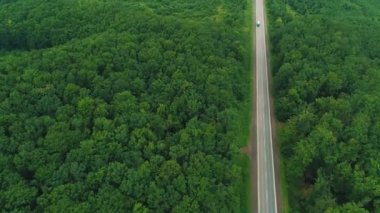 Ormanda kırsal yolda sürüş beyaz kamyon havadan görünümü. 4k.