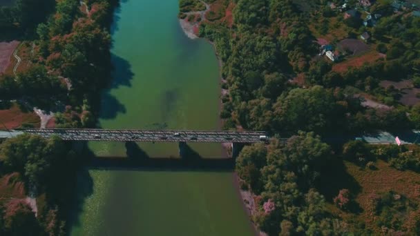 Prosto w dół nagrania Drone mostu lub drogi w środku zielonej rzeki. 4K. — Wideo stockowe
