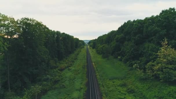 Вид с беспилотника на пустые прямые односторонние железные дороги солнечный летний день. 4K . — стоковое видео