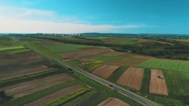 Luchtfoto van de weg tussen velden. Zomer kleuren. Antenne van groene platteland en auto's rijden door. 4k. — Stockvideo