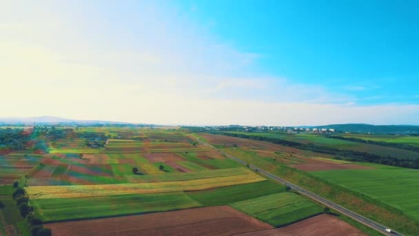 Aerial flight over the road between fields, there is rainbow blick on the beginning of the footage and blue sky is full of light and warmth. 4K. — 비디오