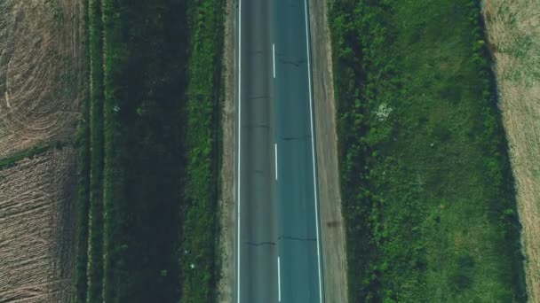 Widok z lotu ptaka różnych samochodów typu jazdy wzdłuż pustej drogi żwirowej przez zielone łąki i pola rolne krajobrazu. 4K. — Wideo stockowe