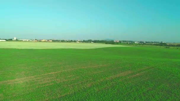 Вид с воздуха на небольшую авиацию, расположенную недалеко от сельской местности и поля. 4K . — стоковое видео