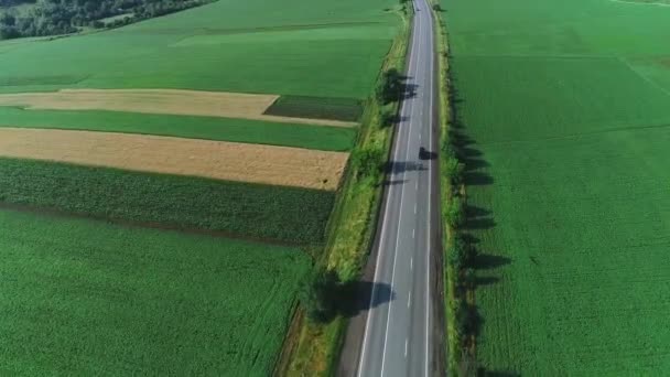 Hidasliikkeiset autot ajavat pitkin valtatietä viehättävällä alueella. 4K . — kuvapankkivideo