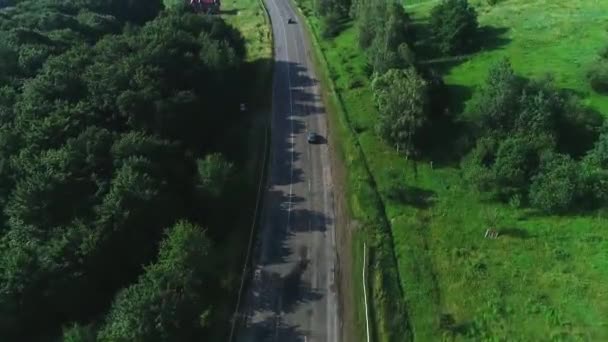 Vue de dessus depuis le drone des voitures, conduisant le long d'une forêt dense. 4K . — Video