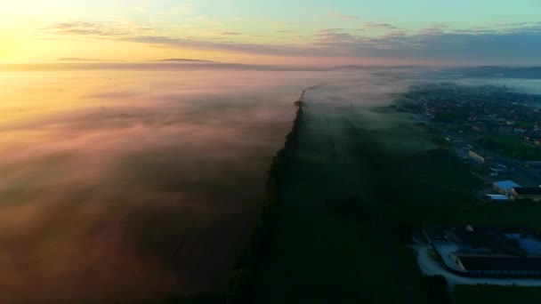 Vacker flygutsikt över förorts hus på dimmig morgon. 4k — Stockvideo