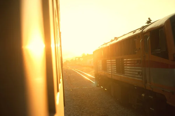 Freight Train Rides Tracks Sunset — Stock Photo, Image