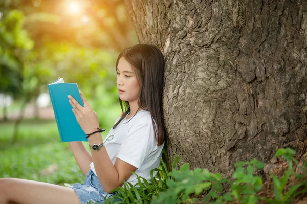 Азійська Дівчинка Читає Книжку Парку Влітку Заході Сонця Азійська Жінка — стокове фото