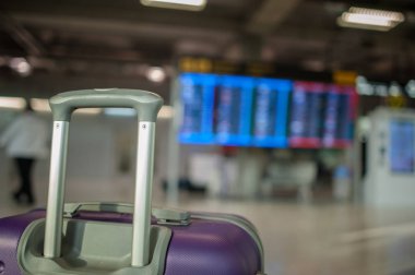 Uluslararası havaalanındaki uçuş zaman çizelgesine giriş yapmak için bagajları kapatın.