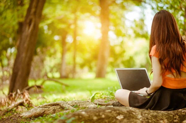 Kobieta Siedzi Parku Zielonej Trawie Laptopa Notebooka Rąk Klawiaturze Makieta — Zdjęcie stockowe