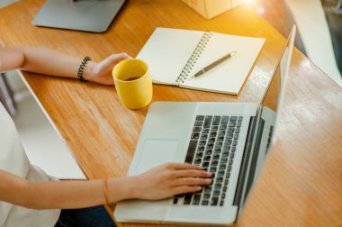 Güzel kadın sahibi iş kadını online alışveriş için evde çalışıyor. İnternet iş konsepti.