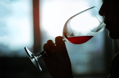 Siluet Güzel Genç Kadın Şarap İçiyor