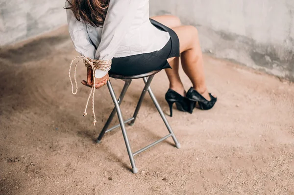 Woman Hands Bound Women Were Handcuffed Sitting Chair Woman Tied — Stock Photo, Image