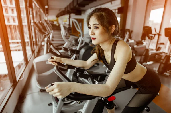 Fitness Woman Working Out Exercise Bike Gym Exercise Concept Fitness — Foto de Stock