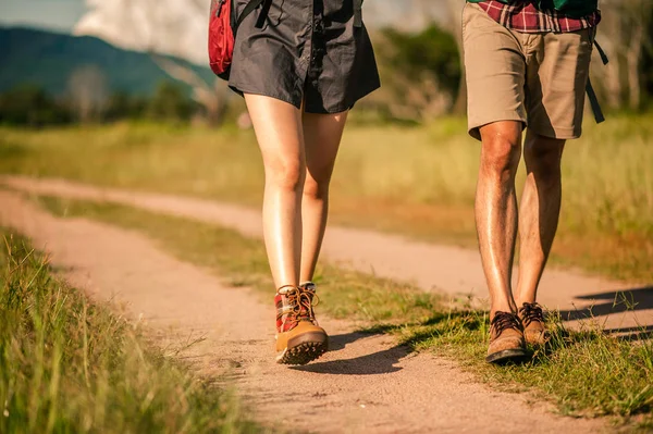 Vandrare Med Ryggsäckar Promenader Tråg Skog Väg Bär Bergsstövlar Med — Stockfoto