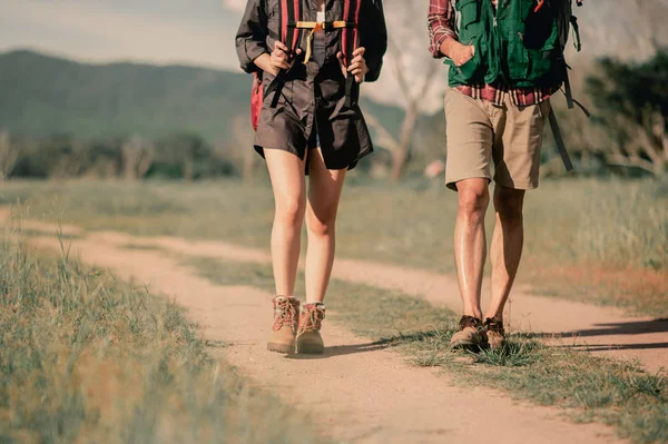 Hikers Backpacks Walking Trough Forest Path Wearing Mountain Boots Focus — Stock Photo, Image