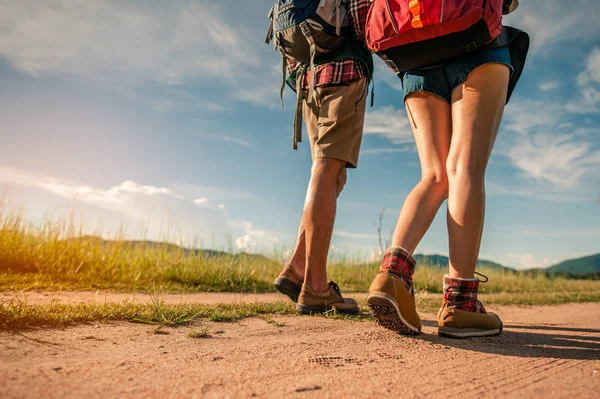 Hikers Backpacks Walking Trough Forest Path Wearing Mountain Boots Focus — Stock Photo, Image