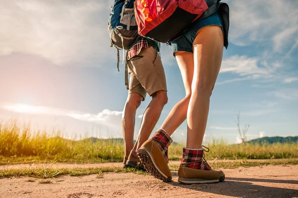 Hikers Backpacks Walking Trough Forest Path Wearing Mountain Boots Focus — Stock Photo, Image