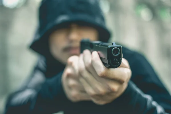 Robber Con Una Ametralladora Intimidad Crimen Concepto Robo — Foto de Stock
