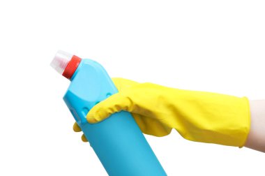 Sarı lastik eldiven elinde temizlik için deterjan tutun. Ayrı tutma, yakın çekim