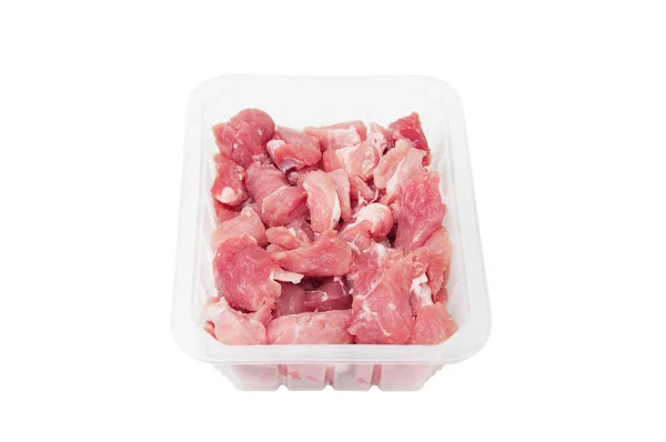 Tagliare Piccoli Pezzi Carne Maiale Cruda Imballaggi Plastica Isolato — Foto Stock