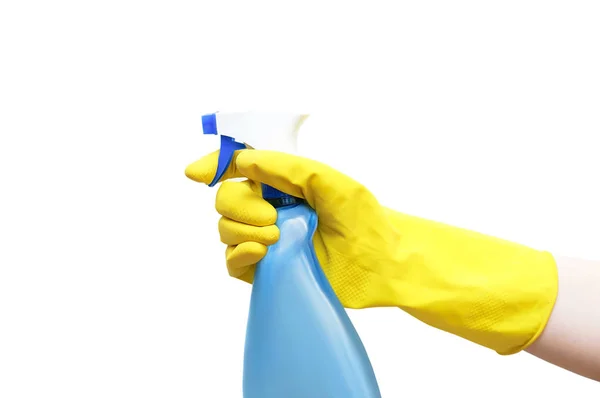Mani Guanti Gomma Gialla Tengono Detergente Con Pulvalizer Pulizia Isolato — Foto Stock