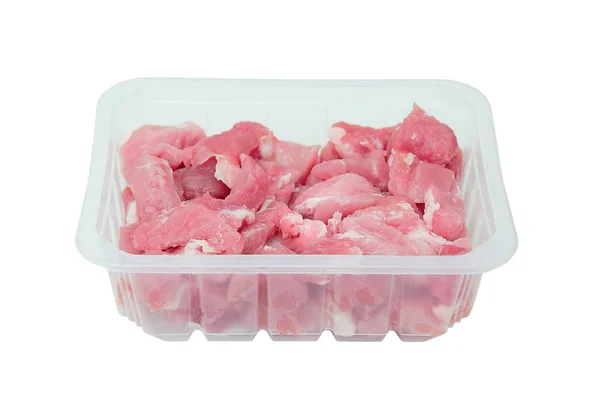 Corte Pequenos Pedaços Carne Porco Crua Embalagens Plásticas Isolar — Fotografia de Stock