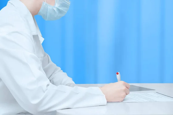 Doctor White Coat Sitting Table Signing Document Close — Stock Photo, Image