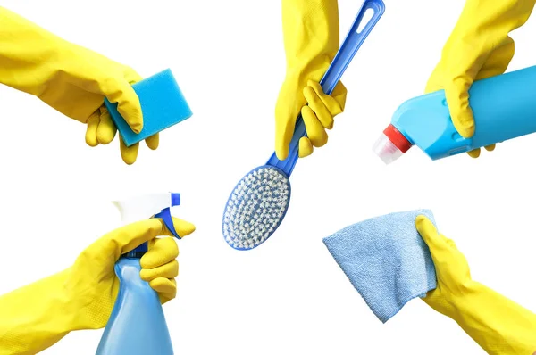 Hands Yellow Rubber Gloves Hold Detergent Rag Bottle Spray Brush — Stock Photo, Image