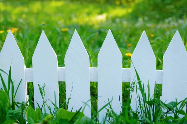 White fence on a background of green grass in summer.