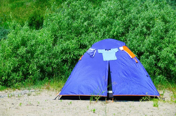 Toeristische Blauwe Tent Het Strand Met Bomen — Stockfoto